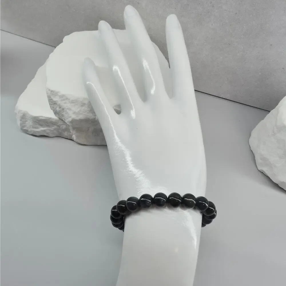 Grade A Natural Black Jade Beaded Stretch Bracelet – 8mm w/ Certificate (18.36g)